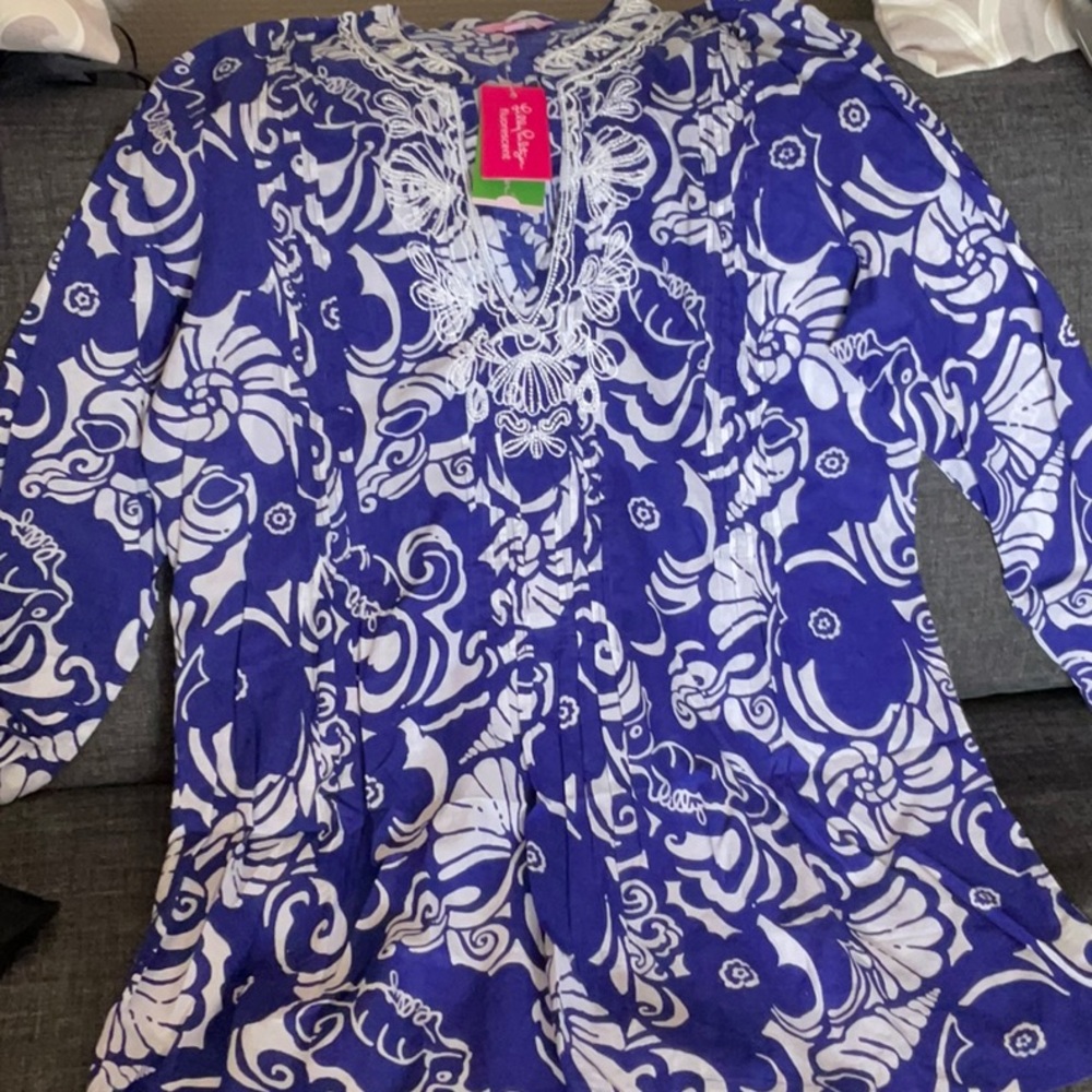 NWT LILLY PULITZER Sarasota tunic spectrum blu tide pools XL blue white